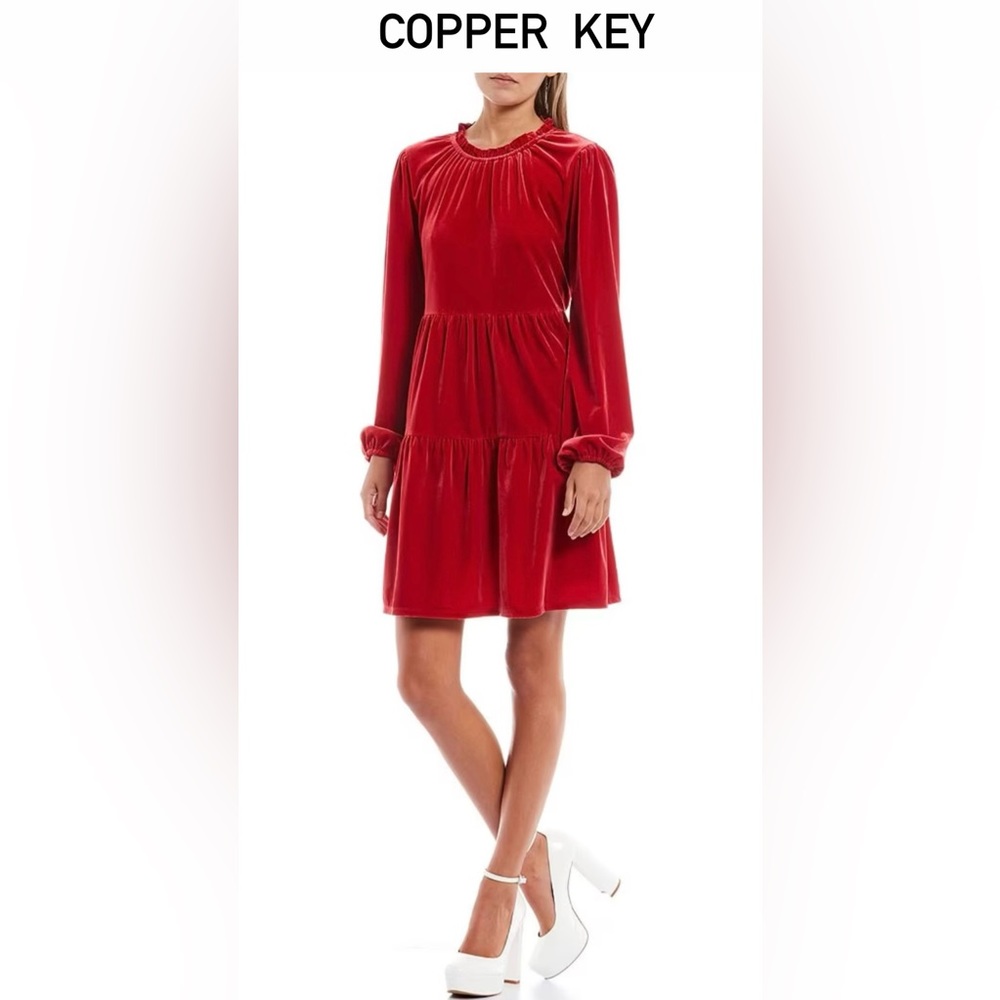 Copper Key Crew Neck Long Sleeve Velvet Babydoll Dress / Size S